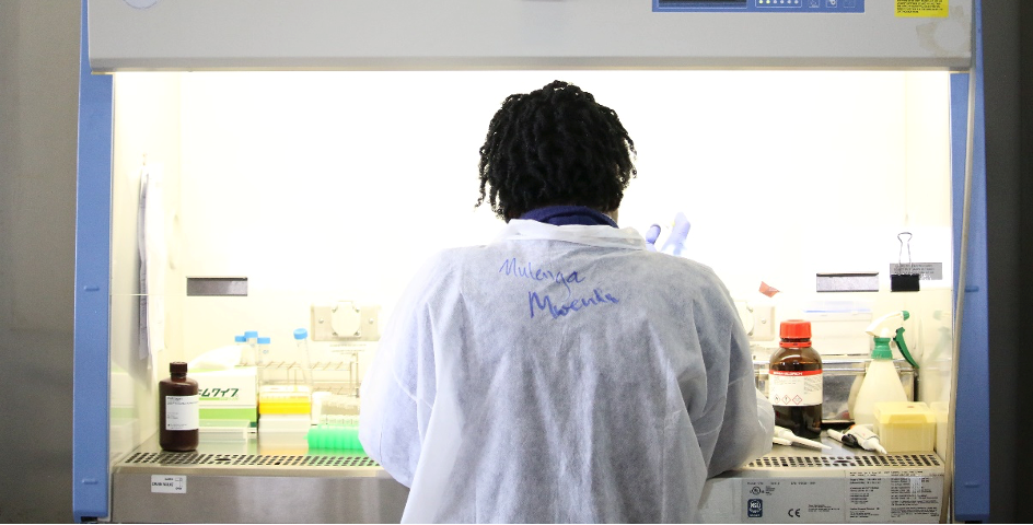 Mulenga Mwenda-Chimfwembe, a laboratory scientist at PATH, sequences SARS-CoV-2 samples. Photo: PATH/Mirriam Chimba.