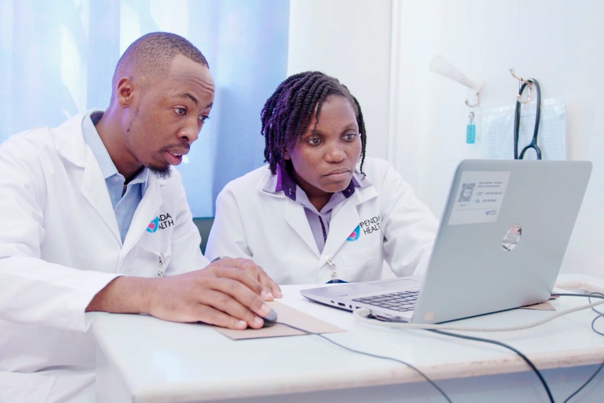 Photo: Oscar Macharia (left) and Naomi Nduitha (right), clinical staff at Penda Medical Centre in Nairobi, use AI to help diagnose patients and determine treatment plans.