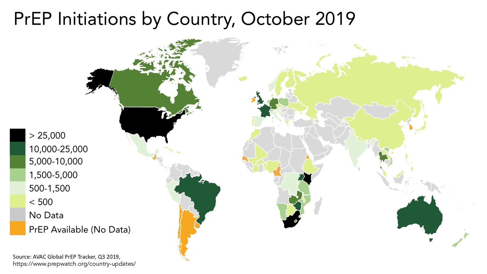 Map showing the number of individuals newly enrolled on PrEP as of October 2019, with the majority of PrEP users concentrated in Kenya, South Africa, and the United States. Photo: AVAC