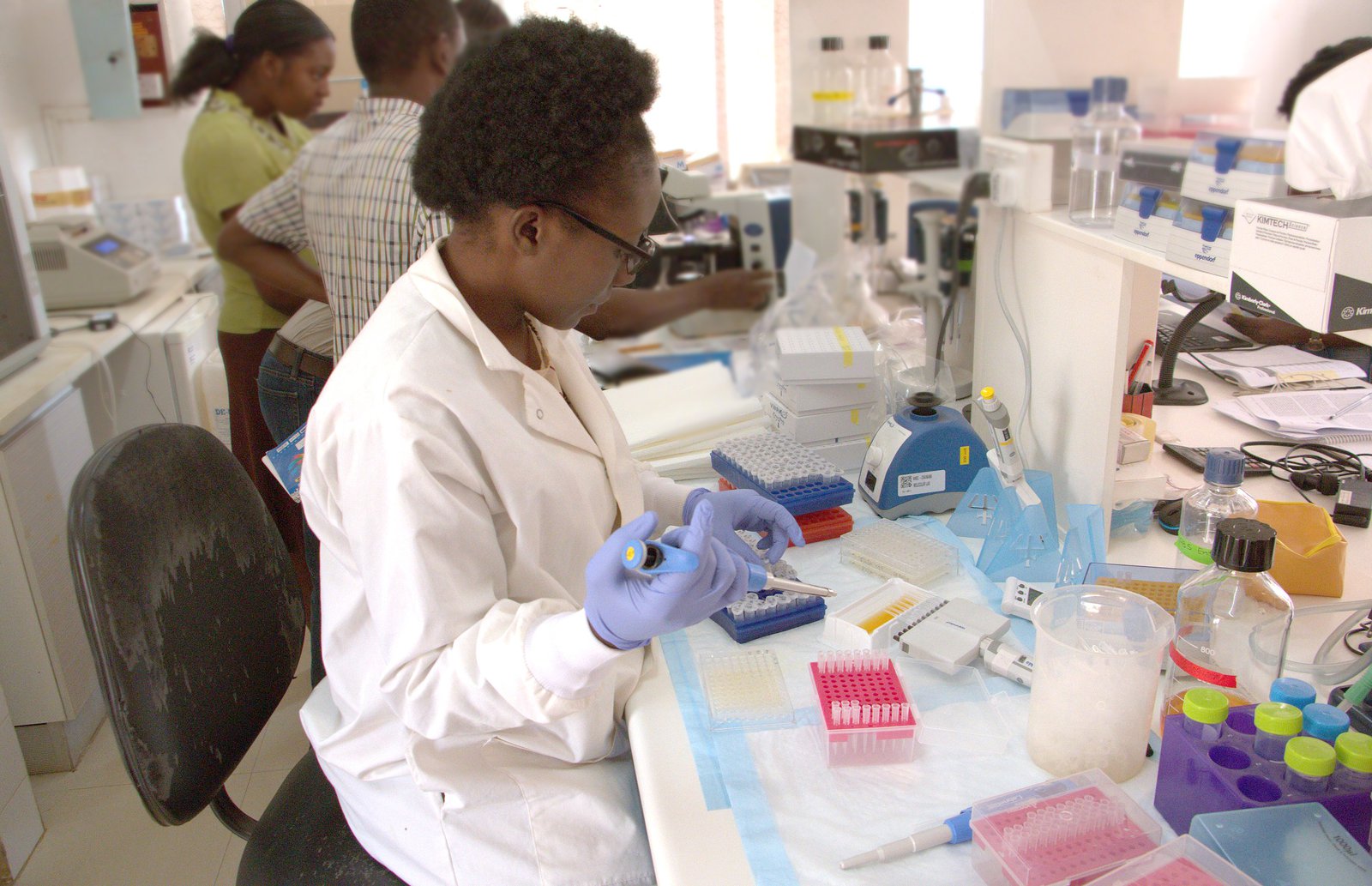 Conceptor conducting an experiment in the NMEC lab in Zambia. Photo: PATH/Hunter Lengel Isgrig