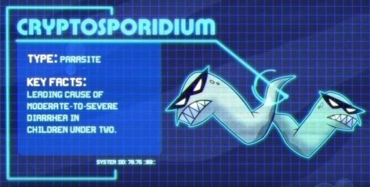 A still from the video, “DefeatDD: Superheroes vs. Villains.” Cryptosporidium is one of the featured bad guys.