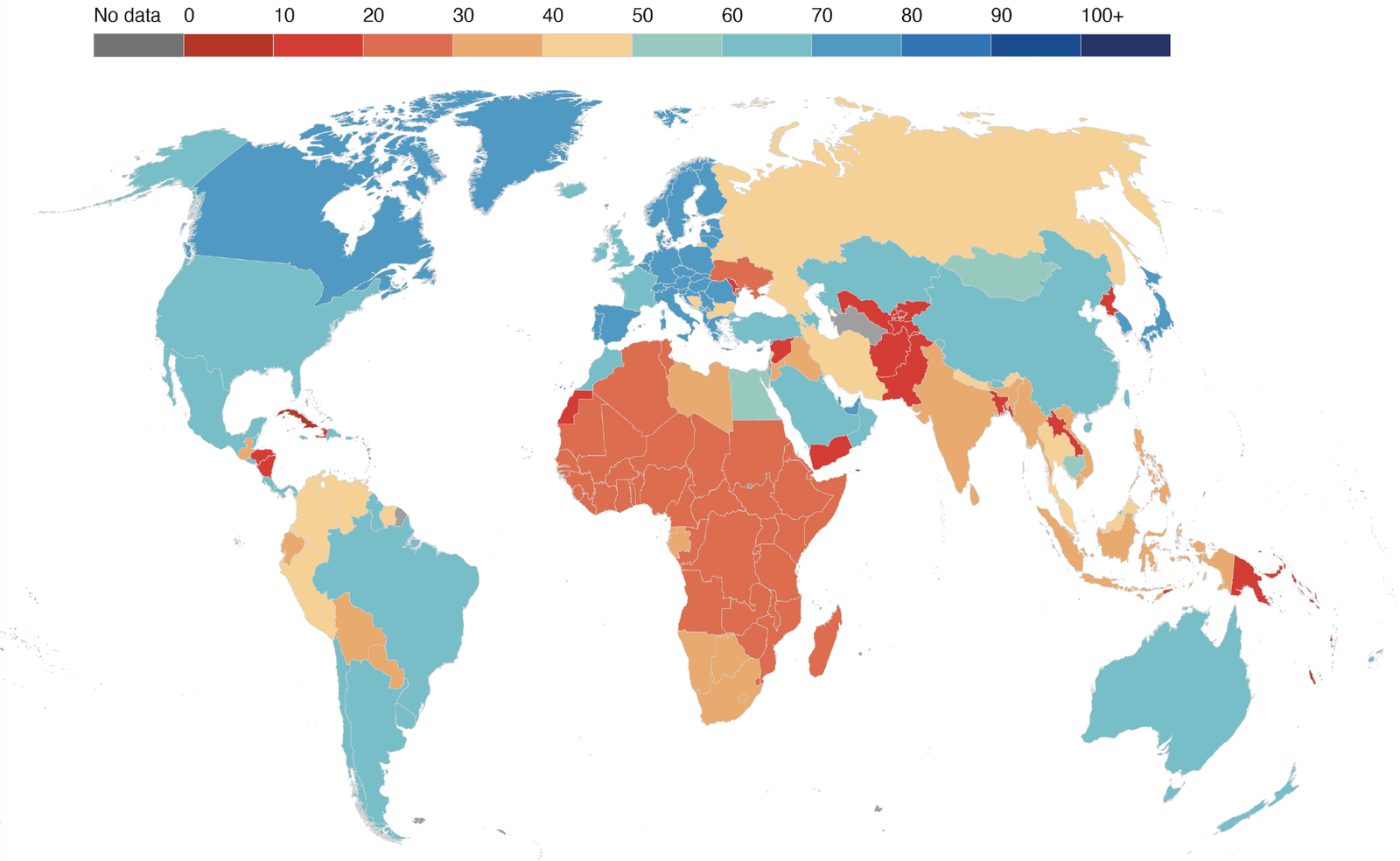 Estimated percent of population fully vaccinated as of the end of 2021 if we continue at the current rate of vaccination. Credit: IMF