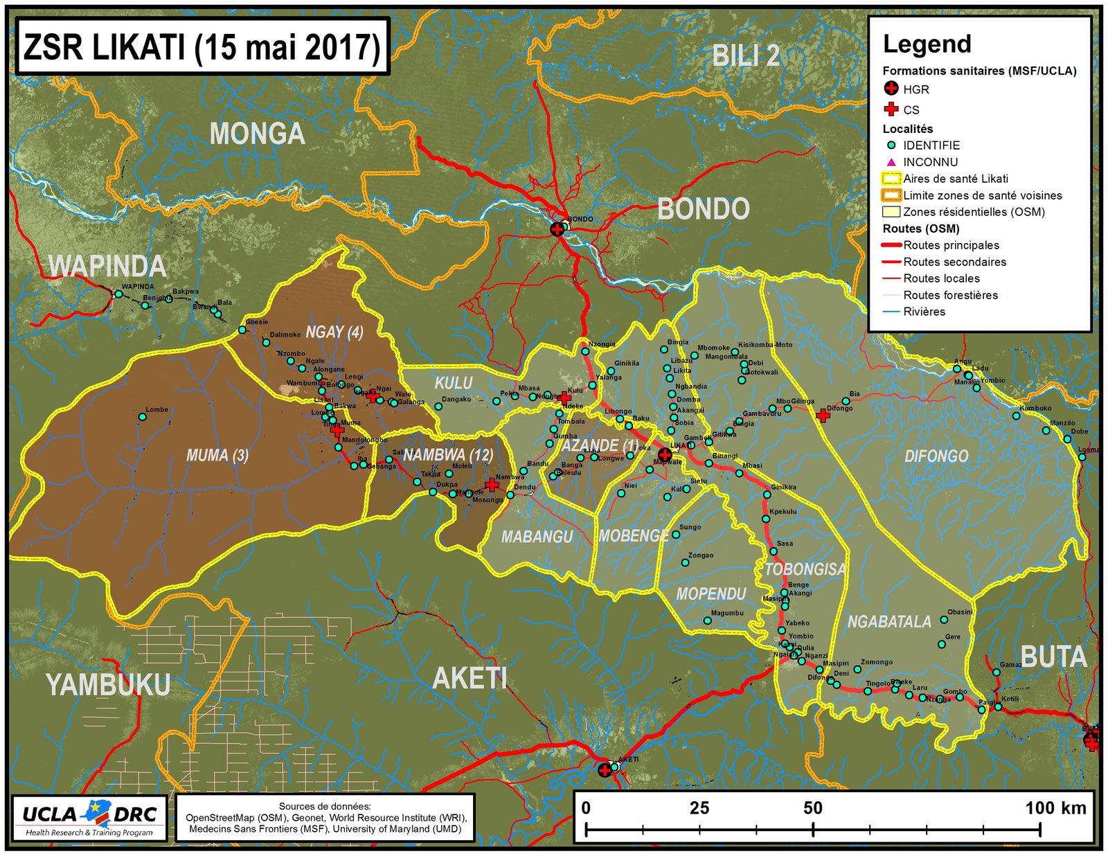 Map showing the Likati health district in the Democratic Republic of the Congo. 