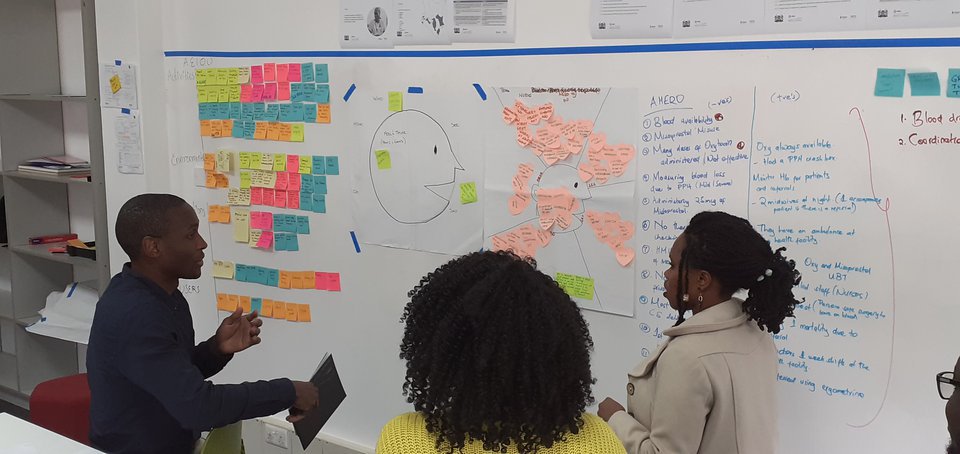 At PATH’s Living Lab in Nairobi, Kenya, participants at a human-centered design workshop create an empathy map charting what a health worker thinks, sees, says, hears, and does in their work environment. Photo: PATH/Faith Mbai.