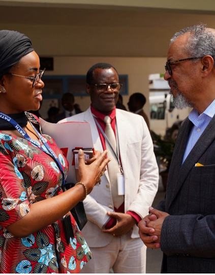 Nelly Moleka, PATH DRC Country Representative, in conversation with WHO Director-General Dr. Tedros Adhanom Ghebreyesus following the Ebola outbreak strategic roundtable in Kinshasa, May 29, 2026. Photo: PATH.
