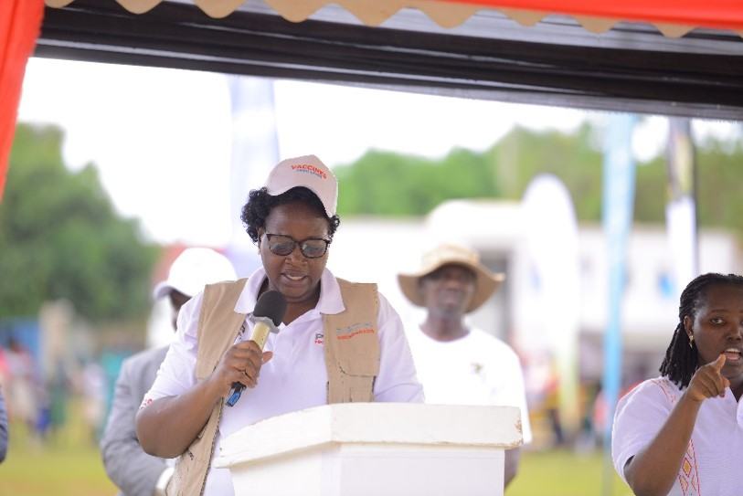 PATH Uganda Country Director Dr. Betty Mirembe delivers remarks on behalf of all partners that supported the country’s ministry of health in the introduction of the malaria vaccine on April 1, 2025, in Apac District. Credit: PATH.