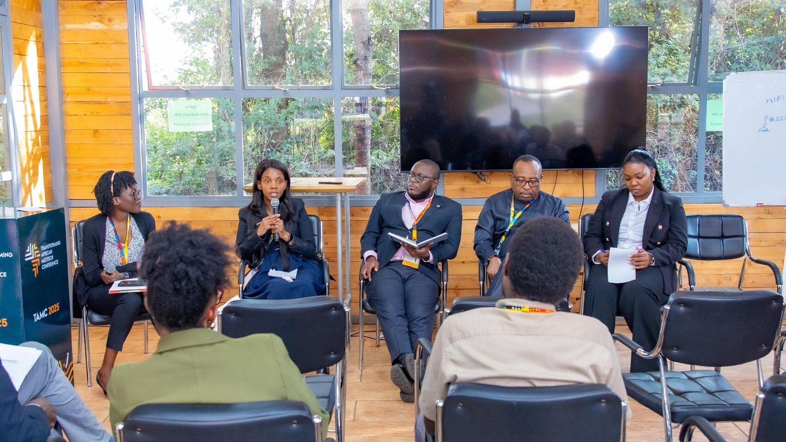 Dr. Anyango leading a panel session at TAMC with representatives from AMA, African Union Development Agency-NEPAD (AUDA-NEPAD), Kenya’s Pharmacy and Poisons Board, and the South African Health Products Regulatory Authority