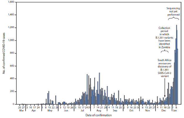 Graph showing the discovery of the B.1.351 variant in Zambia coincides with a sharp increase in COVID-19 cases. Source: Zambia National Public Health Institute.